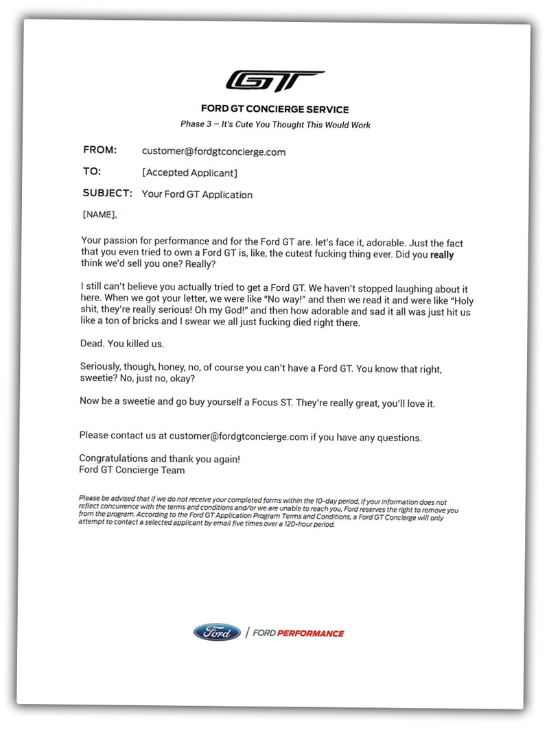 Illustration for article titled Here Are All The Letters Ford Sent People Trying To Get A Ford GT